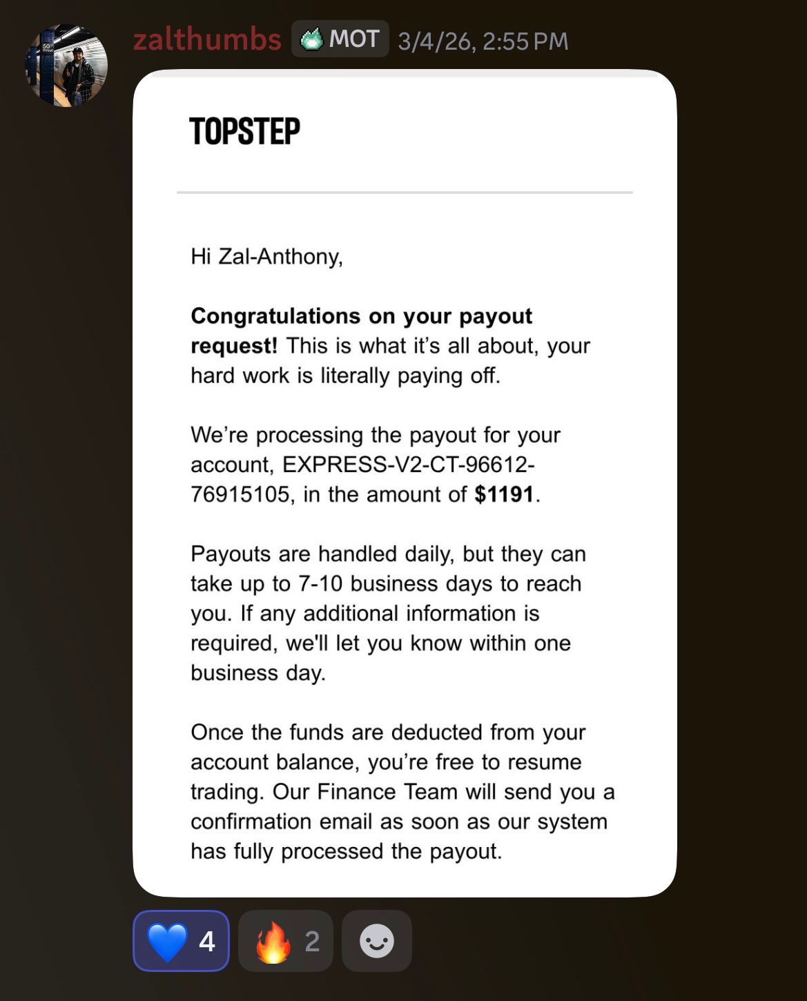 Zalthumbs Topstep payout request confirmation